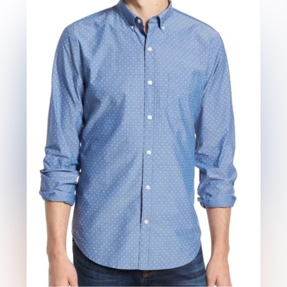 Bonobos Slim Fit Chambray Button Down Shirt Size Medium Polka Dot Blue White - Picture 1 of 10